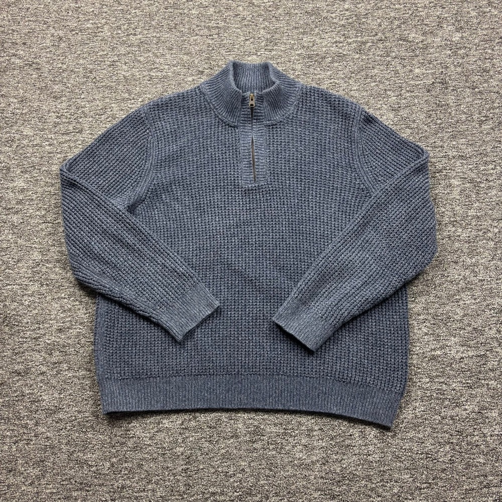 L.L. Bean Heavyweight Quarter Zip Waffle Knit Sweater Blue Size Large